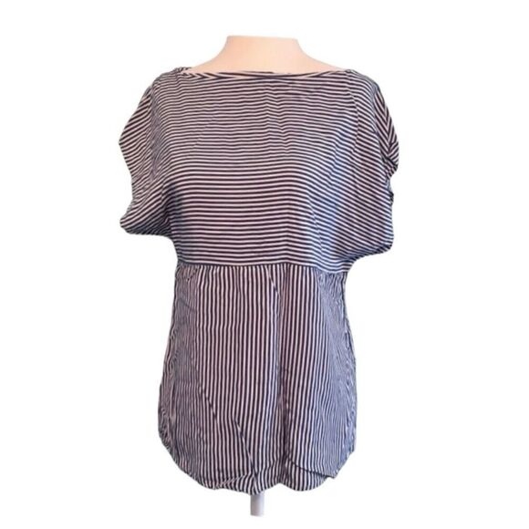 Zara Nautical Stripe Poplin Top Blue White Boat Neck Short Sleeve S - Picture 1 of 4